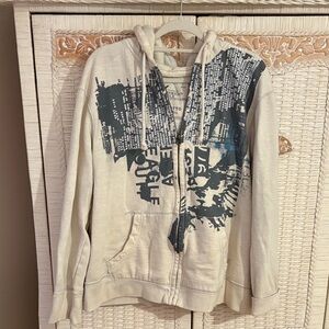 American Eagle Outfitters Cream Zip Hoodie with Navy Text Print